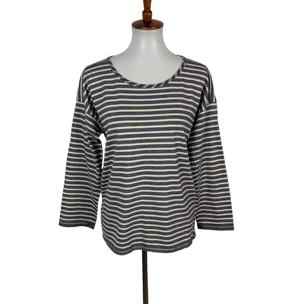 Madewell Navy Cream Striped Long Sleeve Boat Neck Cotton Tee XS Casual Coastal